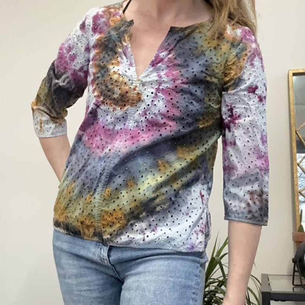 Talbots Eyelet Rainbow Tie Dye 100% Cotton Blouse